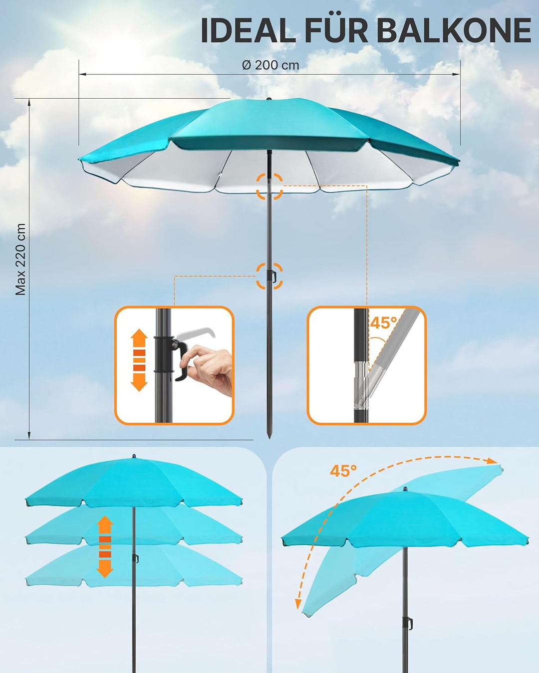 4smile Strandschirm SunnyJoy, Ø 200 cm Türkis - UPF 50+ Sonnenschirm Strand mit Hülle, Sonnenschirm