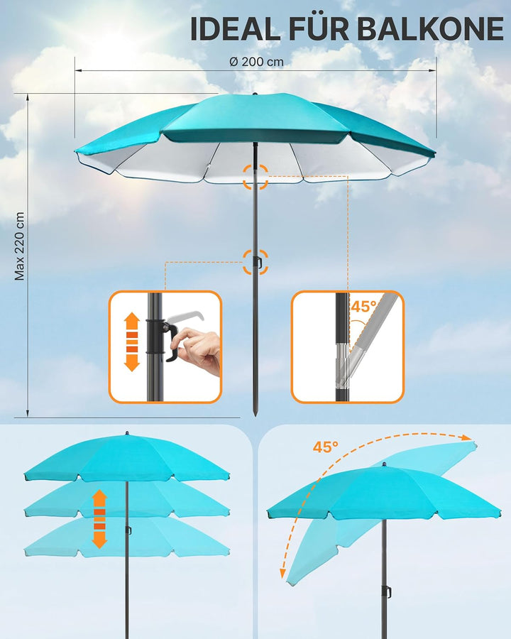 4smile Strandschirm SunnyJoy, Ø 200 cm Türkis - UPF 50+ Sonnenschirm Strand mit Hülle, Sonnenschirm