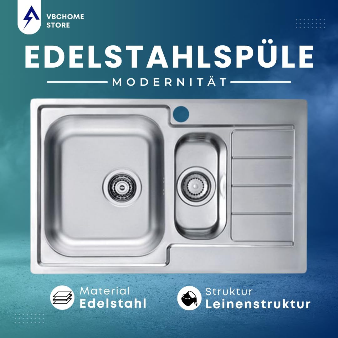 VBChome: Einbauspüle mit Hahnloch Rechts 790x500 mm Camping Küchenspüle - Leinenstruktur Alveus Line