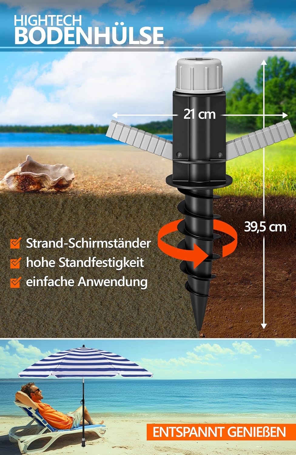 4smile Sonnenschirm Strand 3-IN-1 SET mit Bodenhülse, Ø 180 cm, Blau-Weiss | Strandschirm windfest s