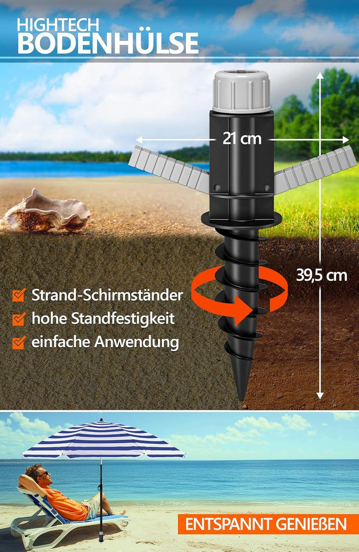 4smile Sonnenschirm Strand 3-IN-1 SET mit Bodenhülse, Ø 180 cm, Blau-Weiss | Strandschirm windfest s