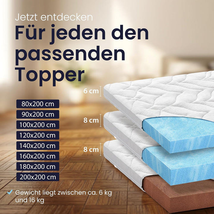 Meos® Gel-Schaum Topper 90x200 für Matratzen &amp; Boxspringbett - Made in Germany - hohes RG50 - Bezug