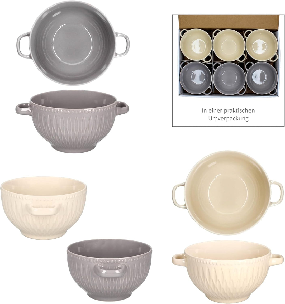 MamboCat Biko 6er Set Suppentassen I 650ml I 6 Personen I Keramiktassen in je 3X Vanille &amp; Grau I Su