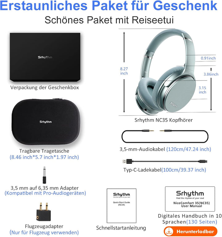 Srhythm NC35 Active Noise Cancelling Kopfhörer Kabellos Bluetooth - LDAC Modus, Schnellladung, 50+ W