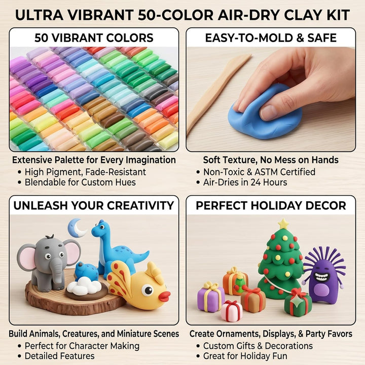 Modellermasse Set 100 Farben luftrocknend – Leichte Soft-Clay Knetmasse, 10g pro Farbe, inklusive We