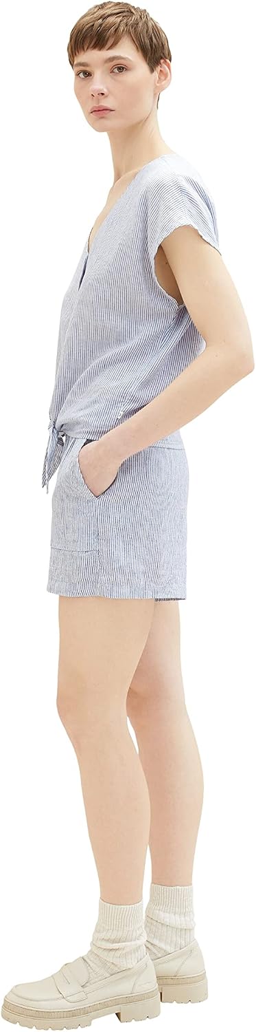 TOM TAILOR Denim Damen Basic Shorts aus Leinen XS 31715 - White Blue Vertical Stripe, XS 31715 - Whi