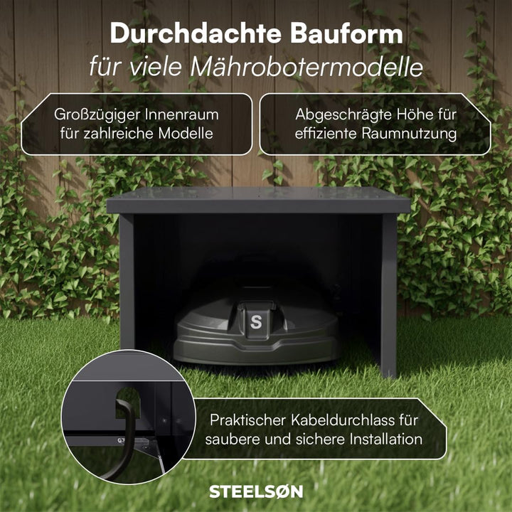 STEELSØN Drakon Mähroboter Garage aus Stahl - Mähroboterhaus mit Pultdach für Garten Witterungsbestä