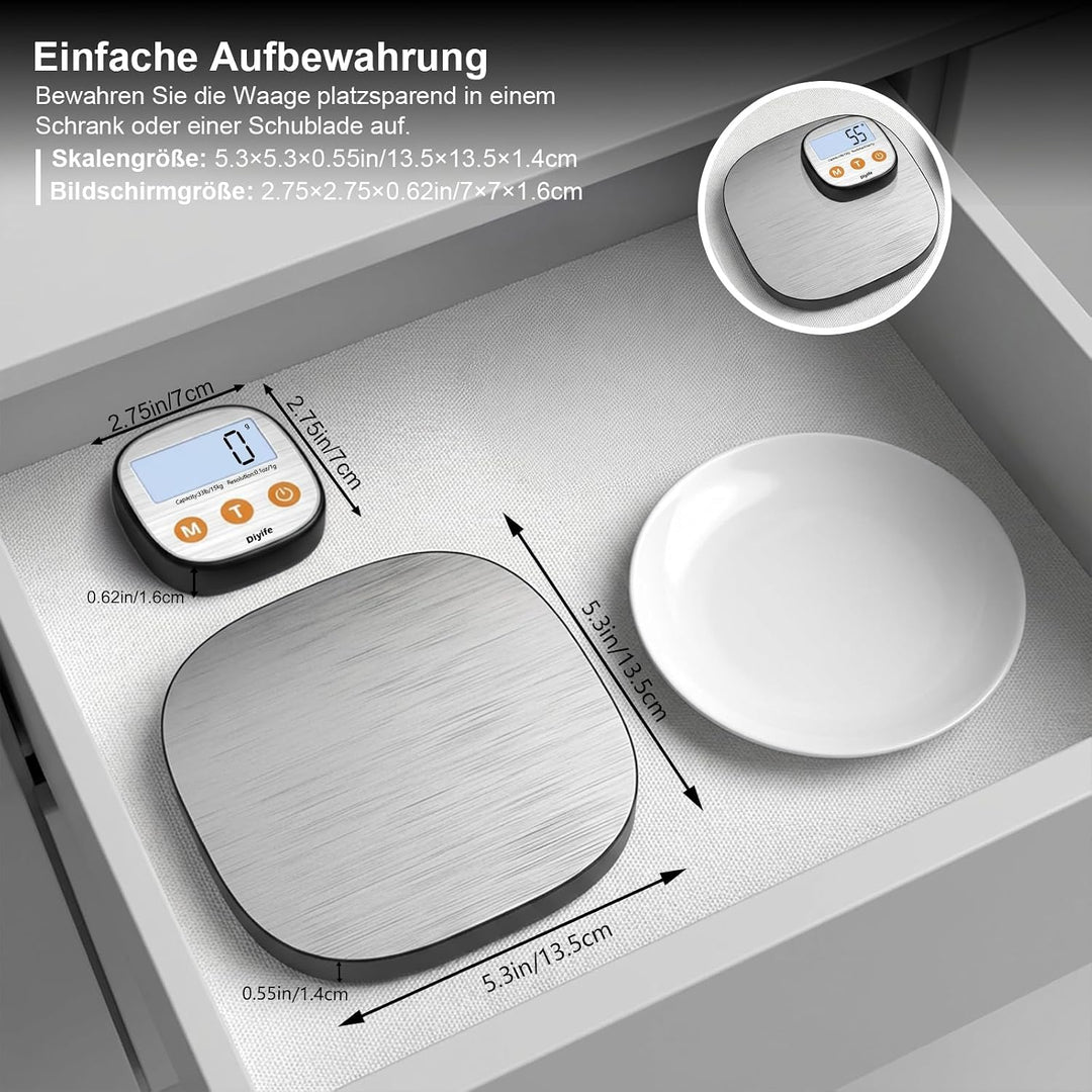 Diyife Aufladen Digitale Küchenwaage 15kg mit Geteilt LCD-Display, Grammwaage Hochpräzise 1g, 304 Ed