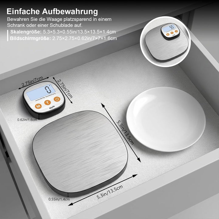 Diyife Aufladen Digitale Küchenwaage 15kg mit Geteilt LCD-Display, Grammwaage Hochpräzise 1g, 304 Ed