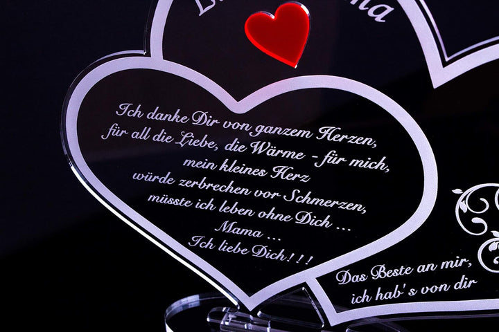 Acryl Schild in Doppelherz Form Liebe Mama, Perfekt zu Muttertag oder Weihnachten, mit Lasergravur,