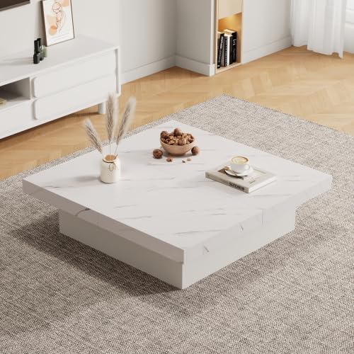 Merax Couchtisch 90x90 cm – Weisser Sofatisch mit eleganter Marmor-Optik und 4 Schubladen, Schiebbar