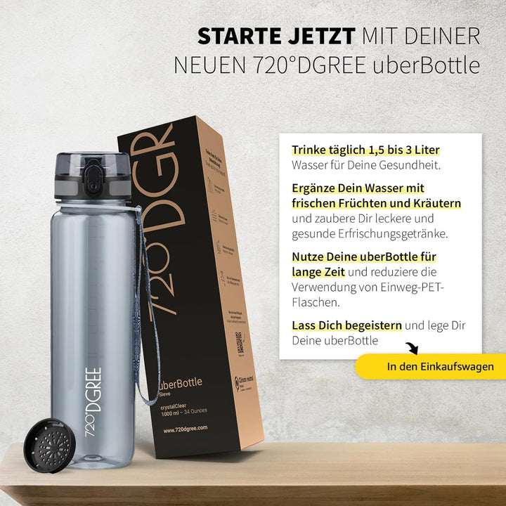 720°DGREE Trinkflasche 1l “uberBottle“ crystalClear +Sieb - BPA-Frei - Wasserflasche für Sport, Gym,