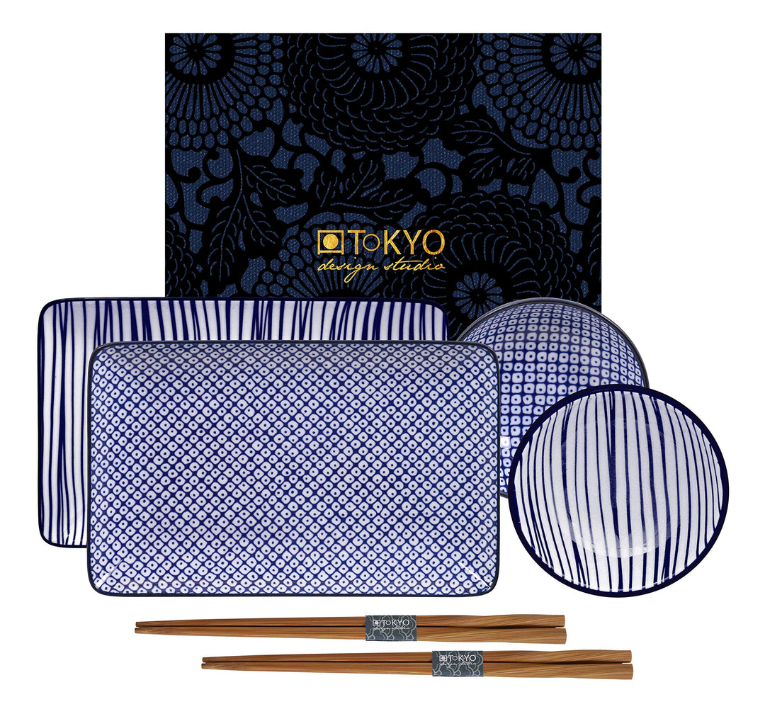 Nippon Blue Sushi Plate w/Giftbox mit Chop 4pcs 21x13.5 & 9.5x3cm Lines/Dots
