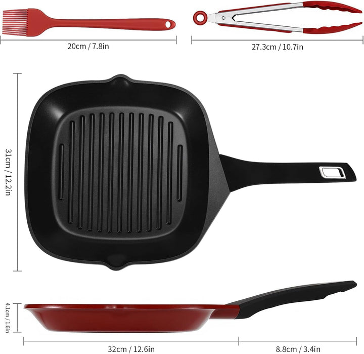 Grillpfanne 28 x 28 cm mit Ausguss, Steakpfanne quadratisch gerillt Antihaftbeschichtetes Aluminium,