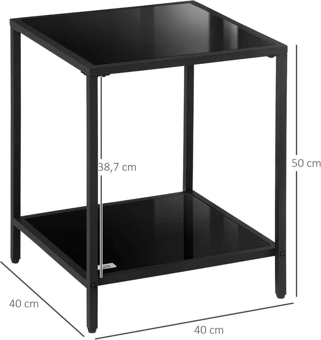 HOMCOM Beistelltisch Quadratischer Couchtisch mit 2 Ebenen, Wohnzimmertisch aus Hartglas und Stahl,