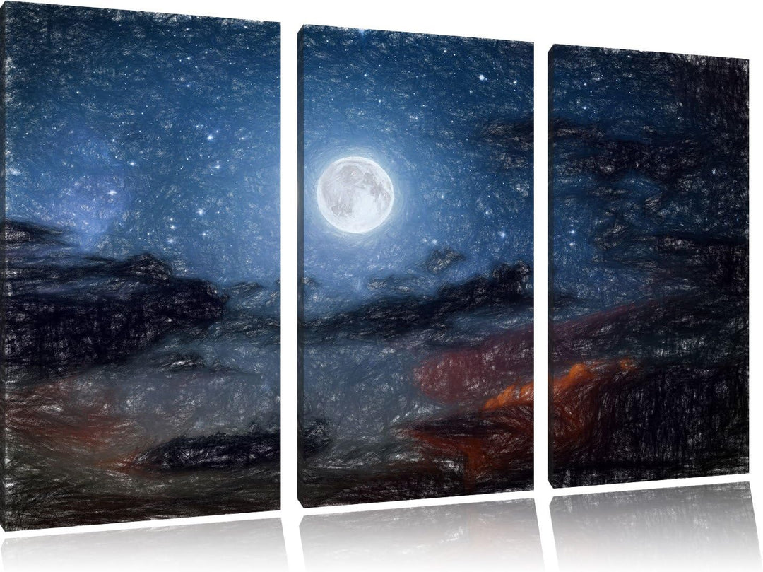 Pixxprint Leuchtender Mond am Nachthimmel Kunst Buntstift Effekt 3-Teiler Leinwandbild 120x80 Bild a