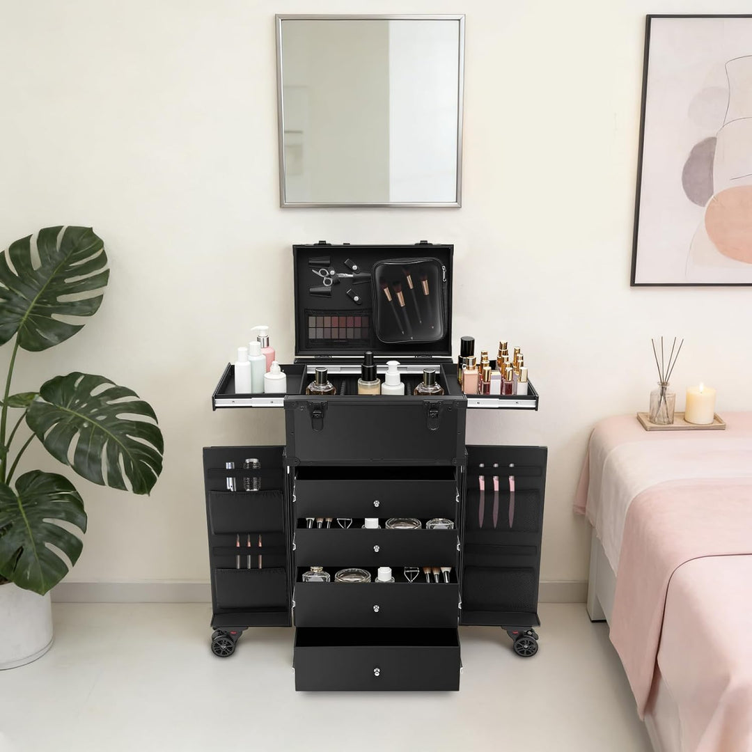 Kosmetikkoffer Trolley Schminkkoffer mit Rollen Aluminium Gross Beauty Make Up Koffer mit 4 Schublad