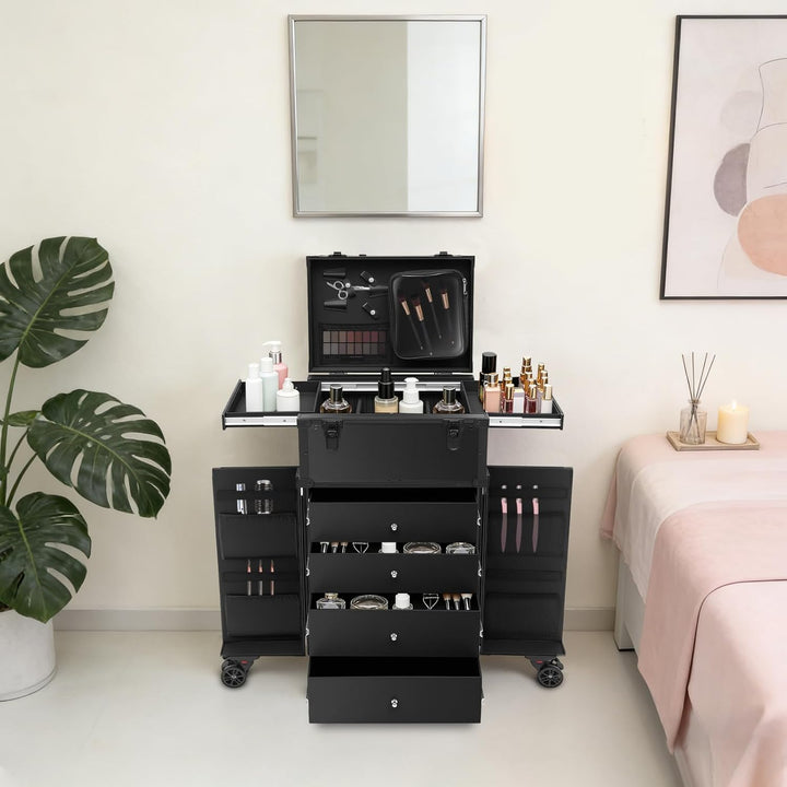 Kosmetikkoffer Trolley Schminkkoffer mit Rollen Aluminium Gross Beauty Make Up Koffer mit 4 Schublad