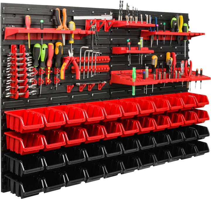 Lagersystem Werkstattregal | 115 x 78 cm | 44 stck. Box | Wandregal mit Werkzeughalterungen und Stap