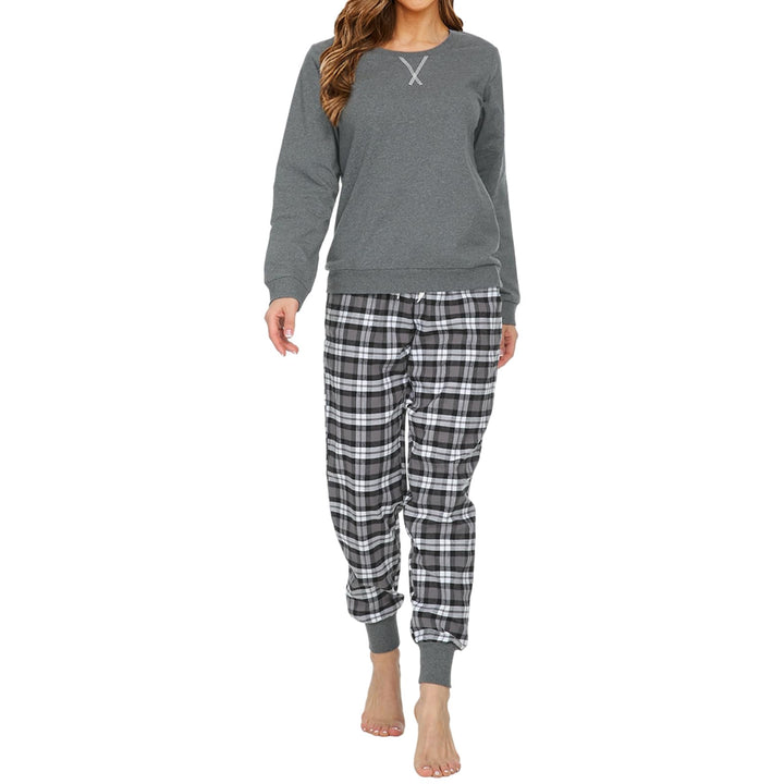 Mnemo Schlafanzug Damen 100% Baumwolle Bequemer Pyjama Damen Baumwolle mit Karomuster S Grau & Schwa