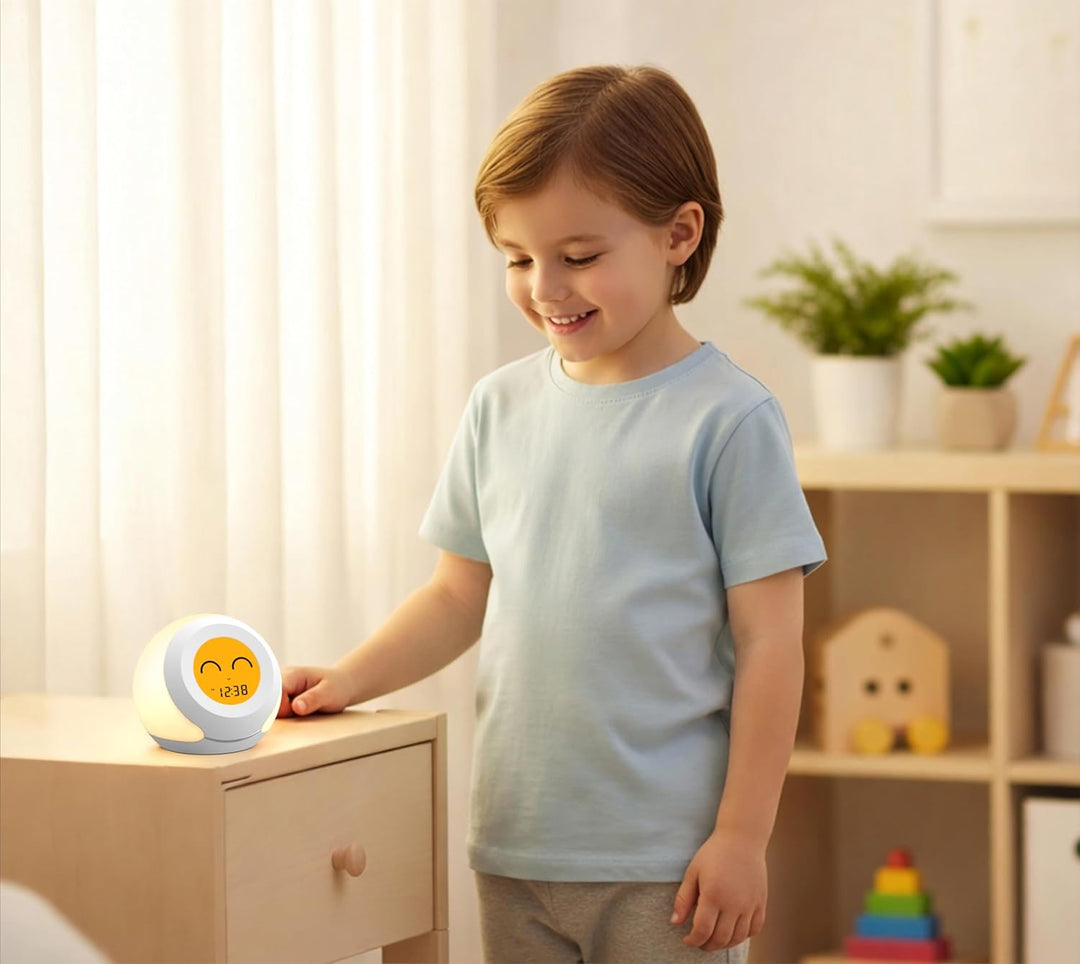 iTOMA Kinder Wecker, Uhr Hygrometer und niedliche Gesichtsausdrücke, buntes Licht wählen, 4-stufiger