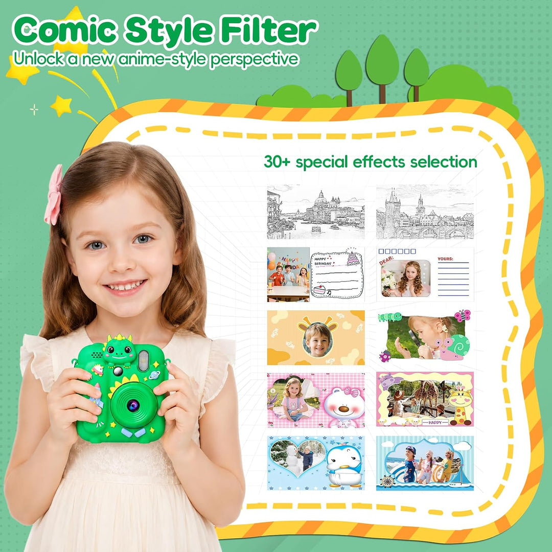 Sofortbildkamera Kinder mit 5 Rollen Druckpapier und 32GB-Karte | Dinosaurier Kinderkamera, 2,4 Zoll