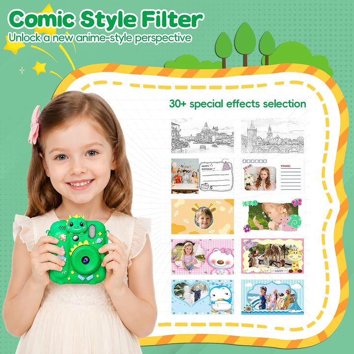 Sofortbildkamera Kinder mit 5 Rollen Druckpapier und 32GB-Karte | Dinosaurier Kinderkamera, 2,4 Zoll
