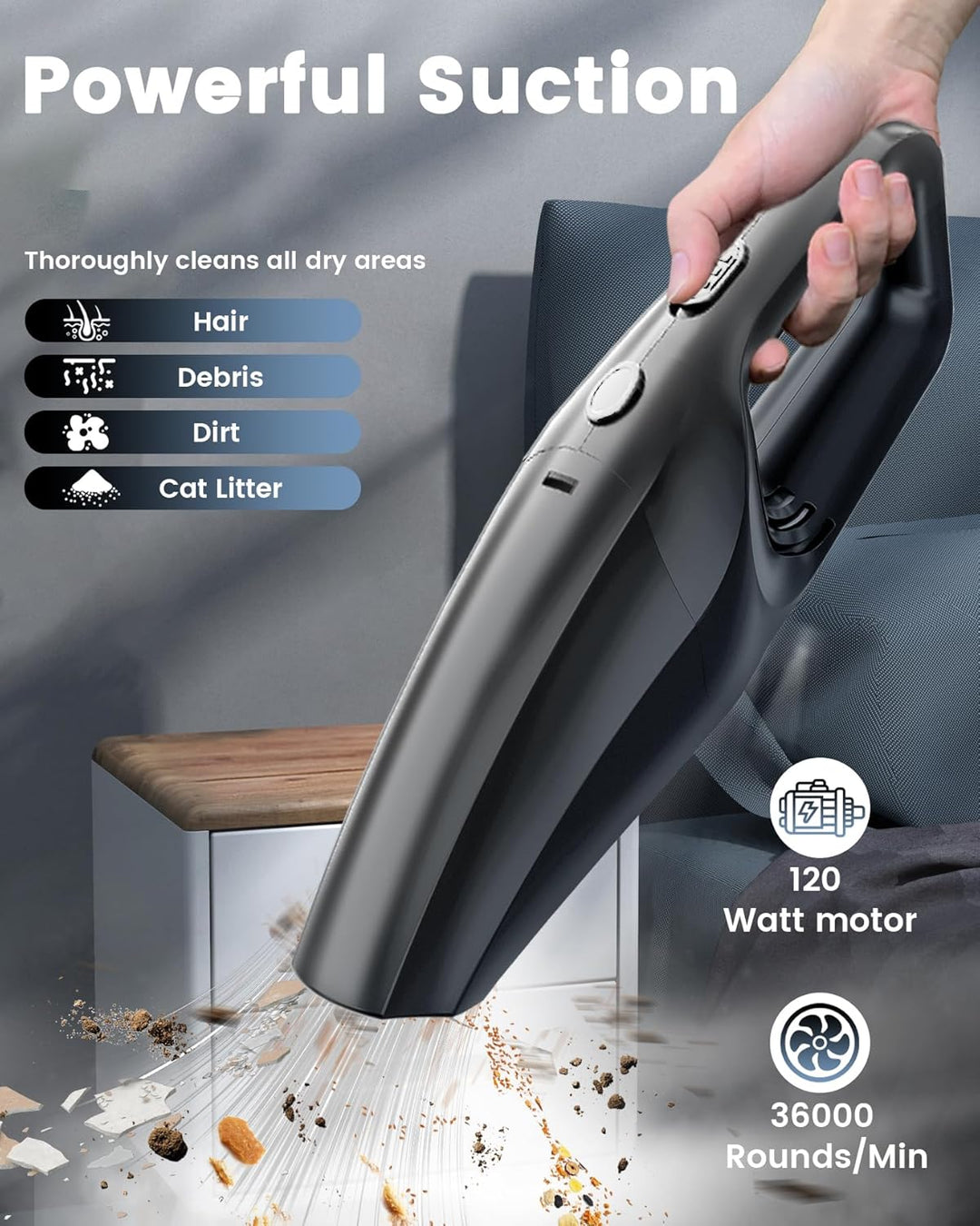 Handstaubsauger Akku kabellos, Schnell aufladbarer Mini Staubsauger, Auto Staubsauger stark mit wasc
