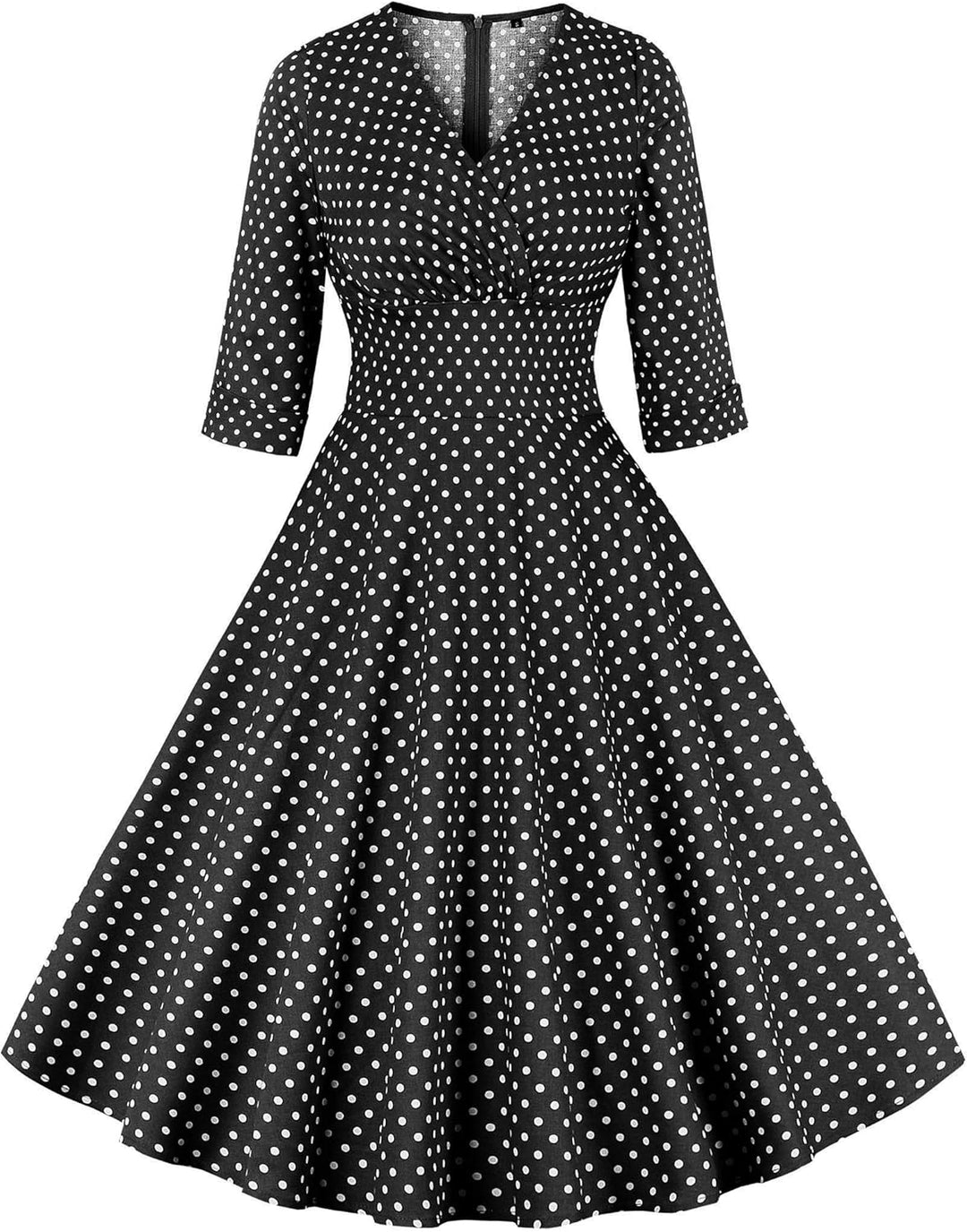 AXOE Damen 60er Jahre Kleid 3/4 Ärmel Cocktailkleid Abendkleid Schwarz Polka Dots M, Schwarz Polka D