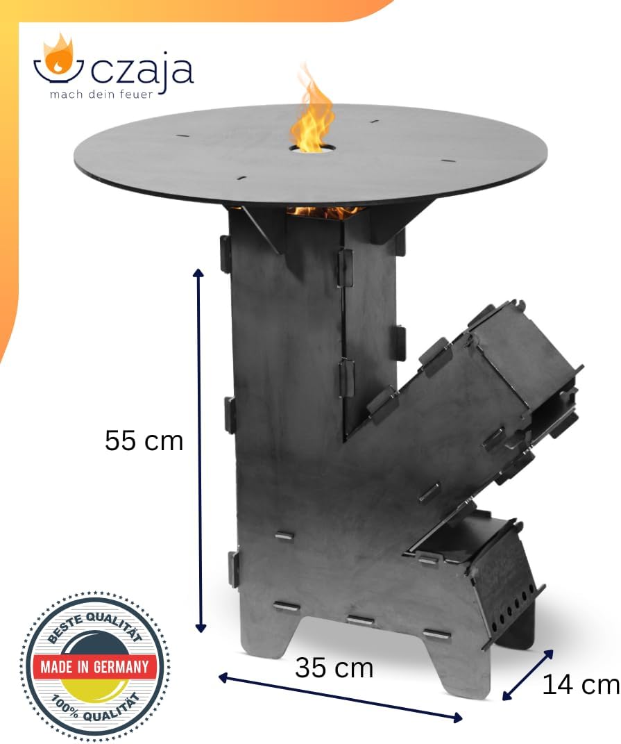 Czaja® Raketenofen mit extra starker 5 mm Grillplatte – Robuster Rocket Stove aus 3 mm Stahl | Holzo