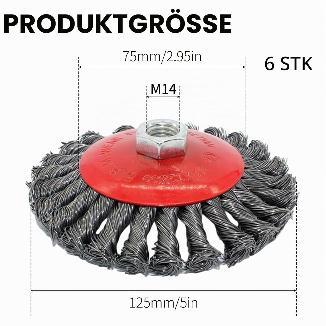 6 Stück Drahtbürste Winkelschleifer, Ø125 mm Flex Topfbürste Winkelschleifer M14 Stahlbürste Kegelbü