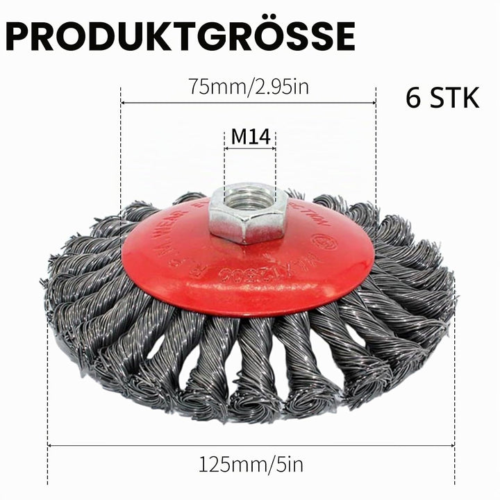 6 Stück Drahtbürste Winkelschleifer, Ø125 mm Flex Topfbürste Winkelschleifer M14 Stahlbürste Kegelbü