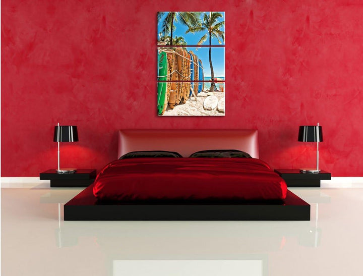 Pixxprint Surfboards am Strand als Leinwandbild/Grösse: 3 Teilig (120x80) cm/Wandbild/Kunstdruck/fer