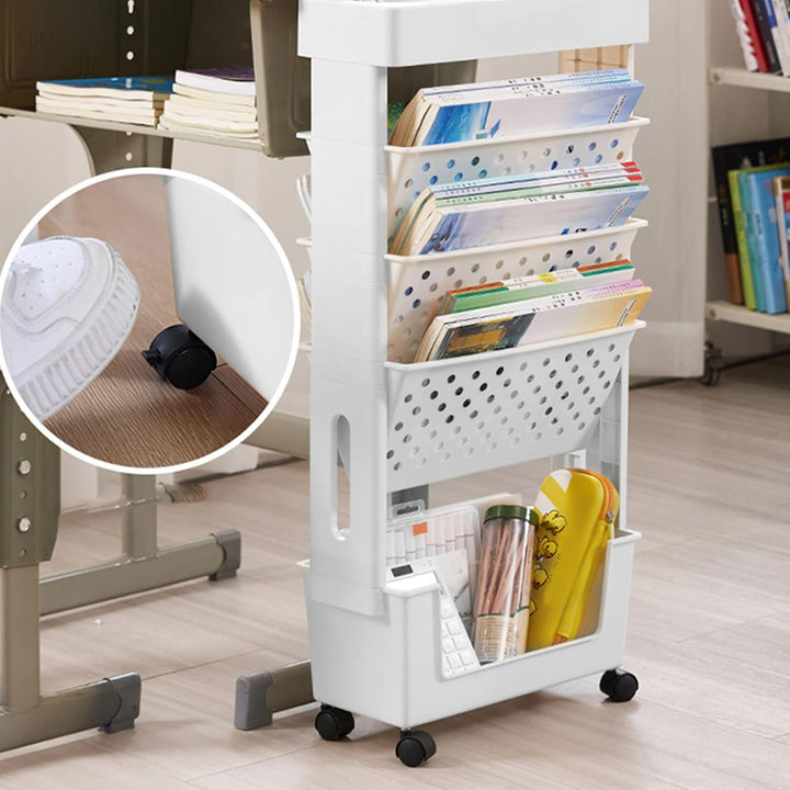 WINARA Abnehmbarer Mobiler Bücherregalwagen mit 5 Ebenen und Rollen, Bücherwagen mit 3 Flachen Regal