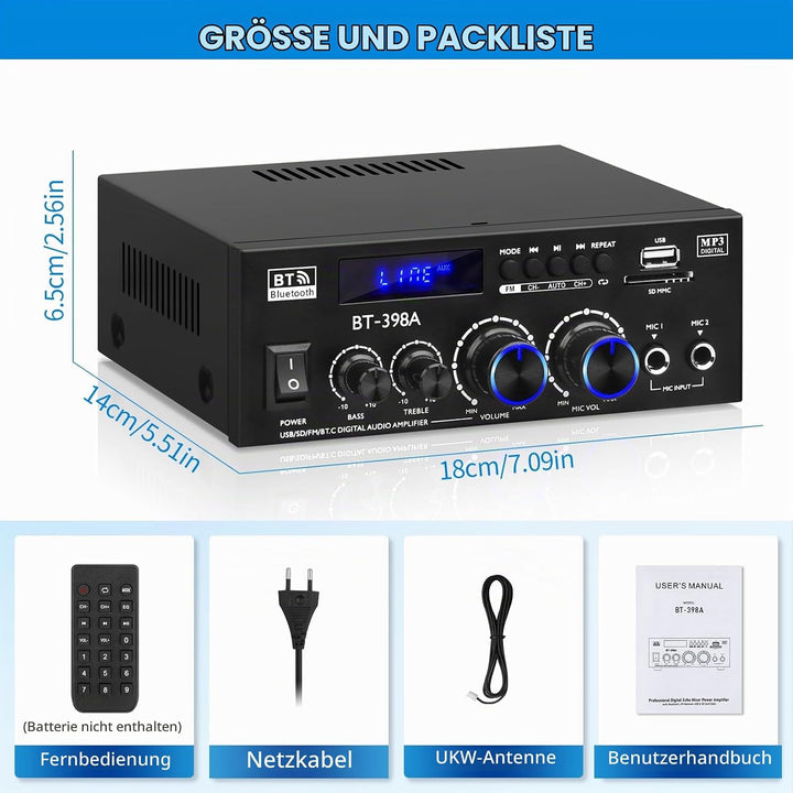 BT-398A HiFi-Verstärker Bluetooth 5.0 Stereo Audioverstärker 2.0 Kanal 60W+60W Digitale Verstärker E