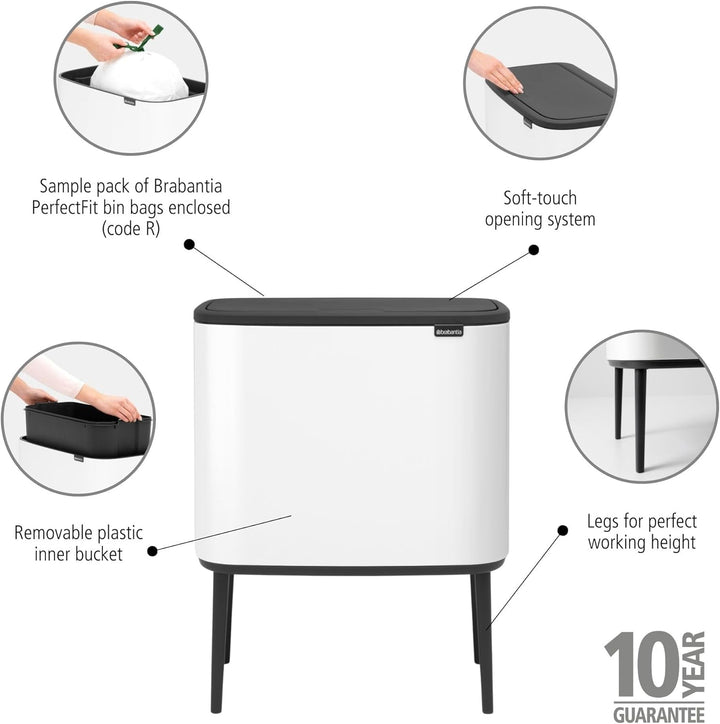 Brabantia Bo Touch Bin 36 L Abfalleimer, Metall, Weiss, 54 x 32 x 68 cm, 1 Einheiten 36 litres (9.5