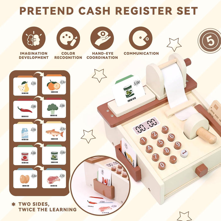 Spielkasse Kinder Holz Registrierkasse mit Spielgeld, Montessori Holz Spielzeug Kasse Kaufladen Zube