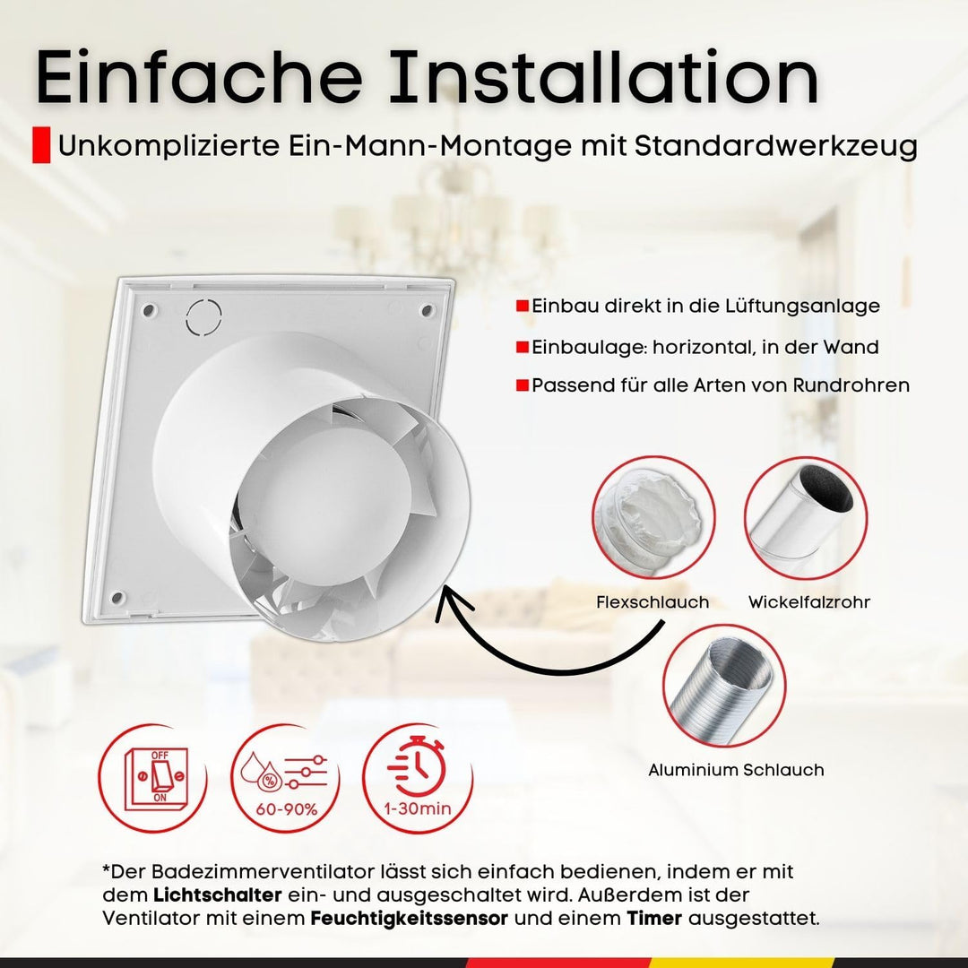 Steinberg14 Badlüfter Ø 100mm mit Feuchtigkeitssensor und Zeitnachlauf (Timer) - Weiss Ventilator Ø