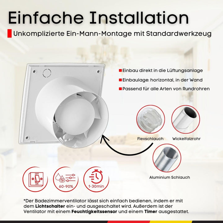 Steinberg14 Badlüfter Ø 125mm mit Feuchtigkeitssensor und Zeitnachlauf (Timer) - Weiss Ventilator Ø