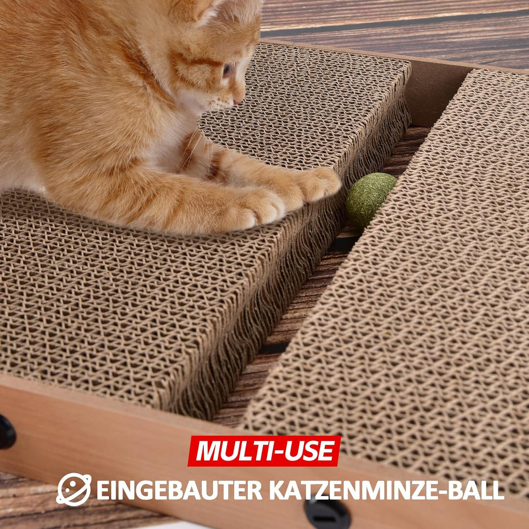 AUSCAT Kratzbrett Katzen mit Katzenspielzeug, 69 cm hohe L förmige Kratzpappe für Katzen mit 2 einge