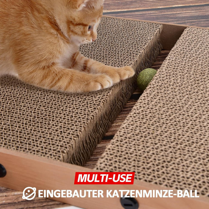 AUSCAT Kratzbrett Katzen mit Katzenspielzeug, 69 cm hohe L förmige Kratzpappe für Katzen mit 2 einge