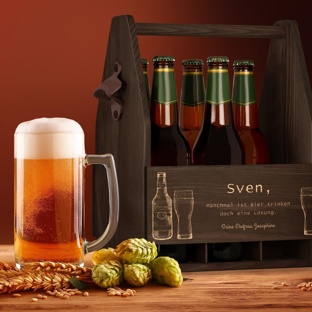 Maverton Bierträger für 6 Flaschen 0,5L + Gravur - Männerhandtasche mit Flaschenöffner - Grösse: 25x
