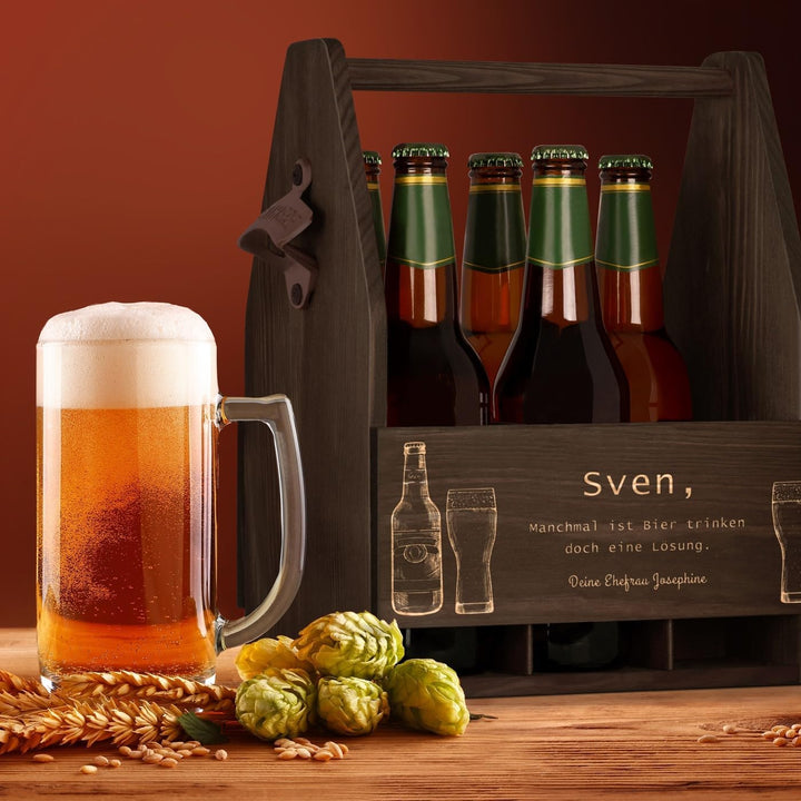 Maverton Bierträger für 6 Flaschen 0,5L + Gravur - Männerhandtasche mit Flaschenöffner - Grösse: 25x