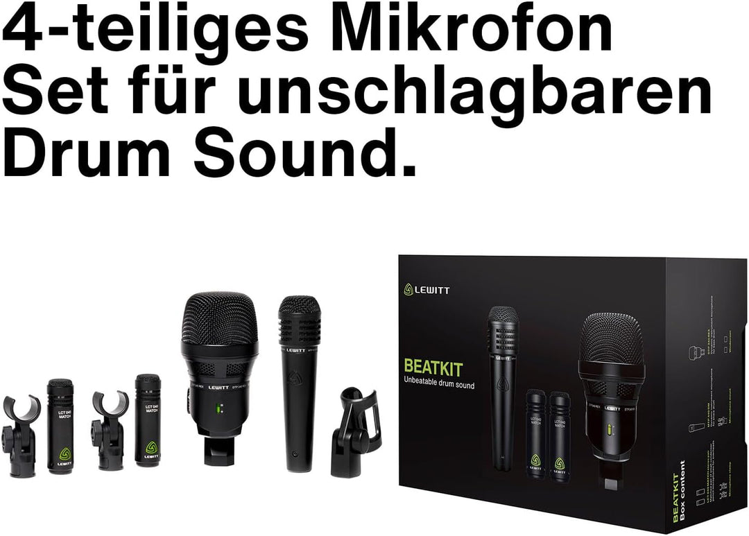 Drum Mikrofon Set BEATKIT mit 4 XLR Mikrofonen Kondensator inkl. 1x Kick Drum Mikro 1x Snare Mikro &