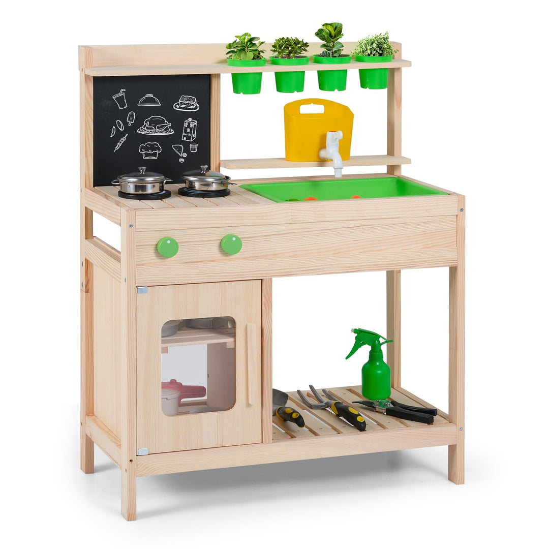 COSTWAY Matschküche Kinder, Outdoor Spielküche inkl. Zubehör mit Kreidetafel, Herd, Wasserhahn, Spül