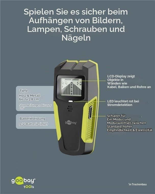 goobay Multidetektor für Holz, Metall &amp; Stromleitungen 3-in-1 Leitungssucher mit LCD-Display, Audio-