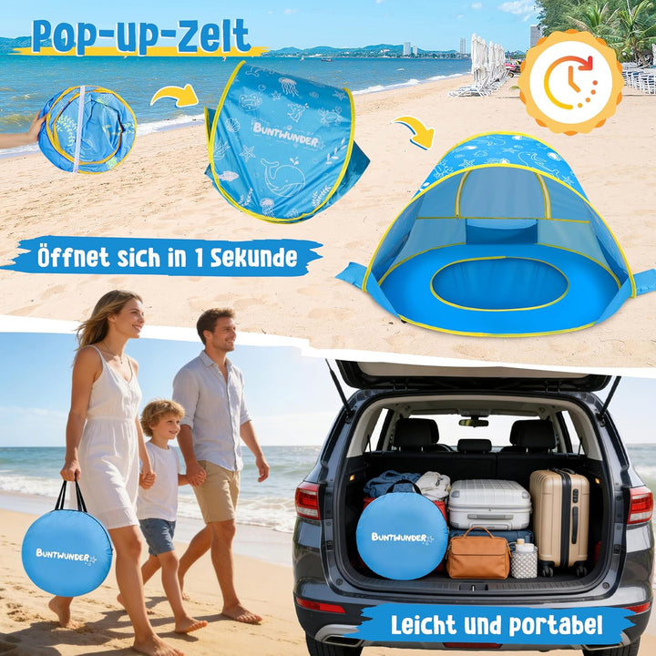 JONRRYIN Pop-up Strandmuschel Baby, Strandzelt mit UV-Schutz 50+, Tragetasche & 4 Heringen, Leichtes