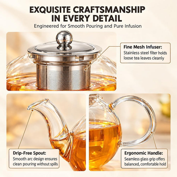 Glas Teekanne mit Stövchen Set, 1000ml Glasteekanne mit Infuser