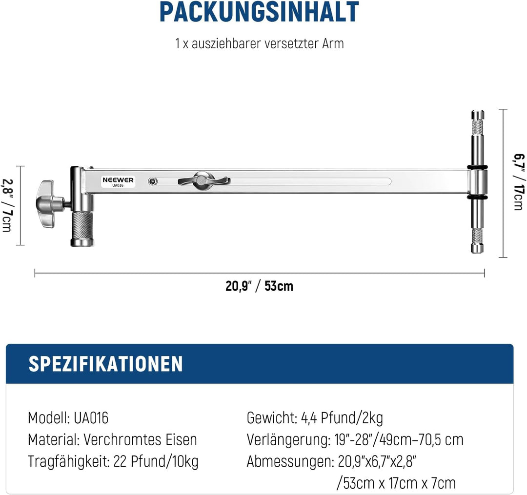 NEEWER versetzter Arm mit Zwei 5/8" Babystift für LED Videolicht Studioblitz, 19"-28" ausziehbar mit