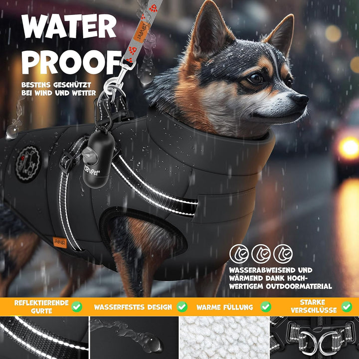 LOVPET® Hundejacke Hundemantel mit Geschirr, inkl. 45 Stück Kotbeutel + Spender, Hunde Winterweste g